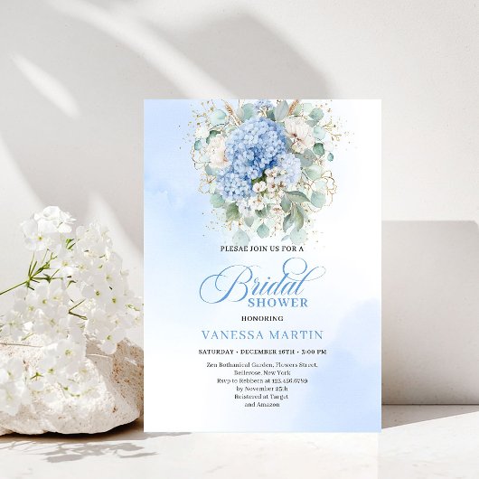 Botanical Blue Hydrangea Eucalyptus Shower Invitat Kaart