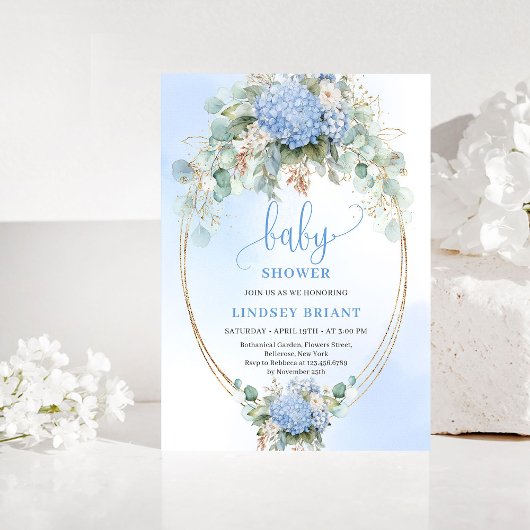 Botanical Boho Blue Hydrangea Baby Shower Invitati Kaart