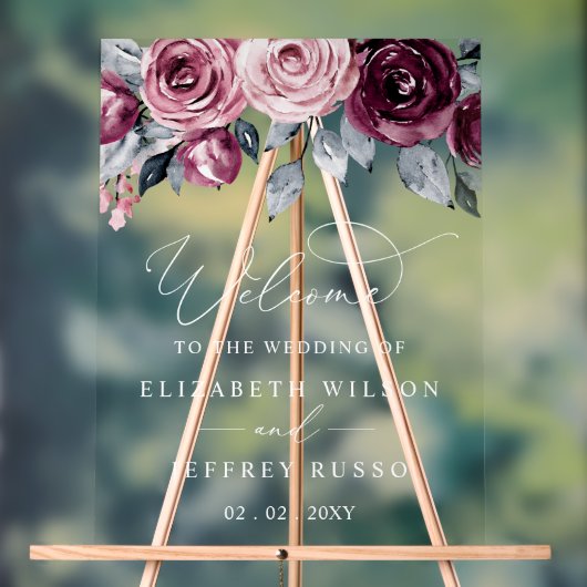 Botanical Burgundy Floral Wedding Welcome Sign (Neutre)