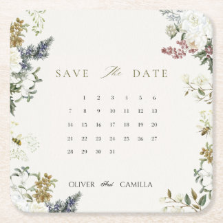 Botanical Calendar Save the Date Card Template Vierkante Kartonnen Onderzetter