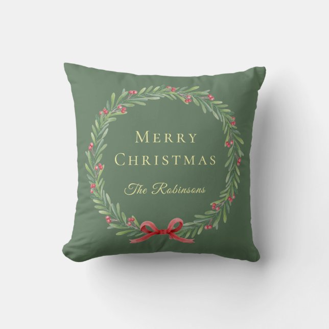 Botanical Christmas Wreath Modern Script Kussen (Voorkant)