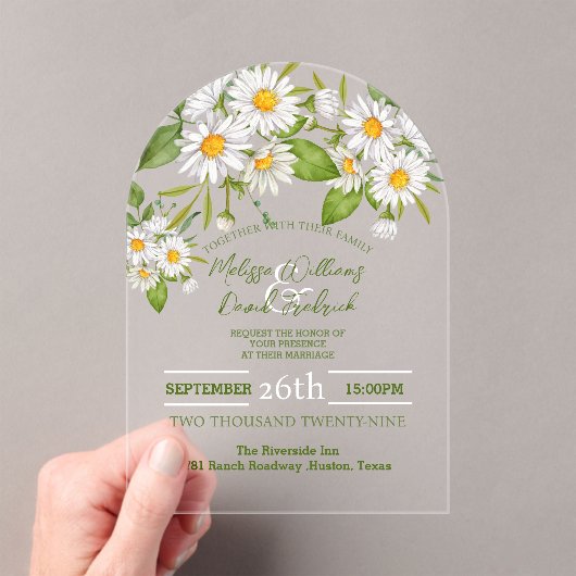 Botanical Country Wildflower Spring Daisy Wedding Acryl Uitnodigingen (Insitu (Draagbaar))