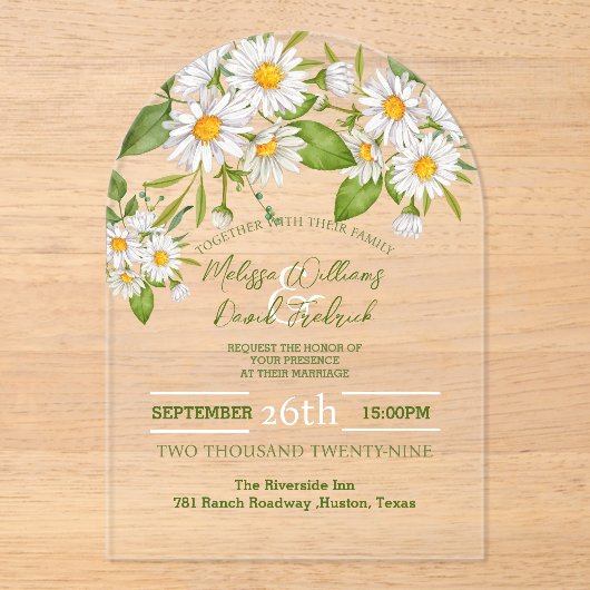Botanical Country Wildflower Spring Daisy Wedding Acryl Uitnodigingen (Voorkant)