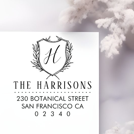 Botanical Crest Aangepast Monogram & Retouradres Rubberstempel