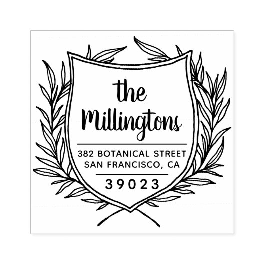 Botanical Crest Familienaam Script Retouradres Rubberstempel (Afrduk)