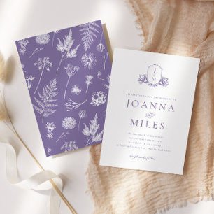 Botanical Crest Lavendel Lila Monogram Uitnodiging
