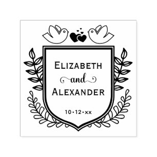Botanical Crest Love Birds Hearts Couple Wedding Zelfinktende Stempel