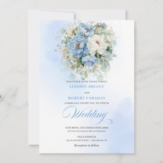 Botanical Dusty Blue White Peony Wedding Invites Kaart (Voorkant)