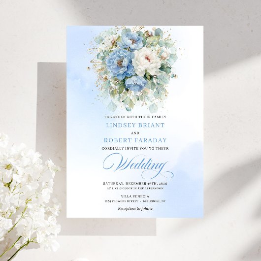 Botanical Dusty Blue White Peony Wedding Invites Kaart