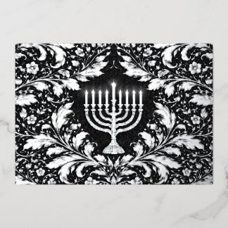 Botanical elegant silver menorah Hannukah Folie Feestdagenkaart