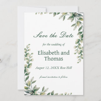 Botanical eucalyptus leaves save the date card bedankkaart