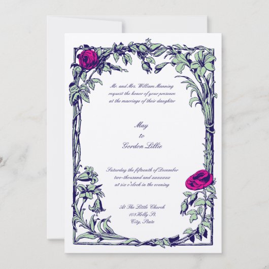 Botanical Floral Roos Vine Border Wedding Kaart (Voorkant)