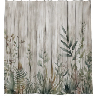 Botanical Foliage Farmhouse Barn Wood look Douchegordijn