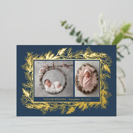 Botanical Frame Blue Winter Foliage New Baby Folie Feestdagenkaart (Staand Voorkant)