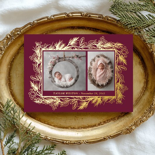 Botanical Frame Winter Foliage New Baby Folie Feestdagenkaart