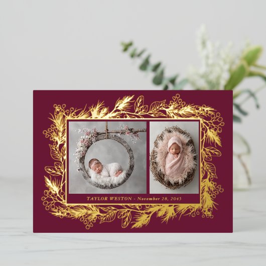 Botanical Frame Winter Foliage New Baby Folie Feestdagenkaart (Staand Voorkant)