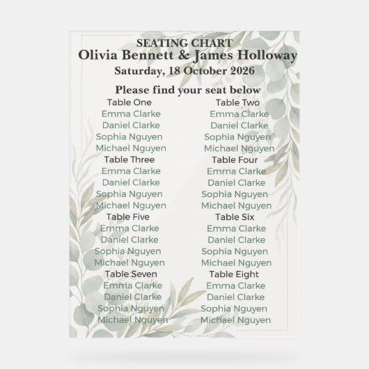 Botanical Garden Wedding Seating Chart Acryl Bord (Voorkant)