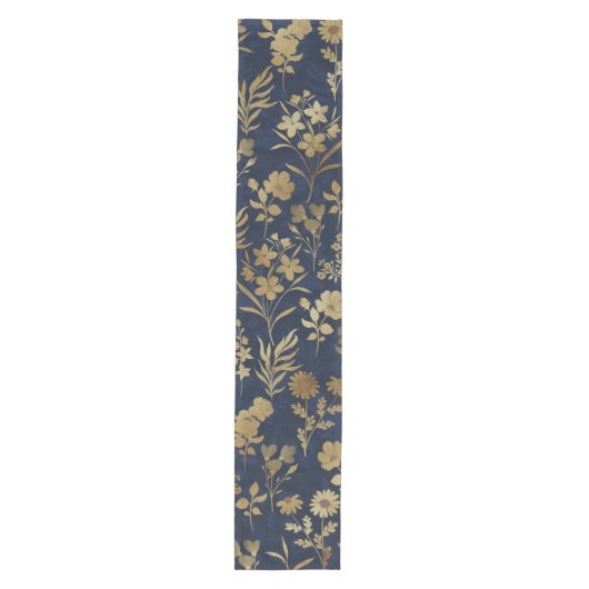 Botanical Gold Flowers Blue Pattern Medium Tafelloper (Voorkant)