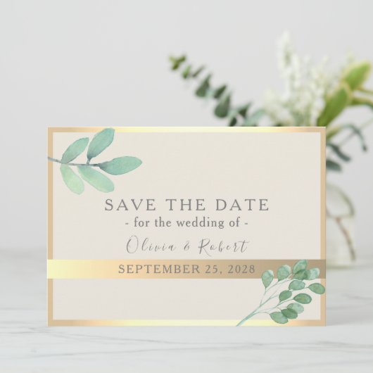 Botanical Gold Greenery Wedding Save Datum The Date (Staand voorkant)