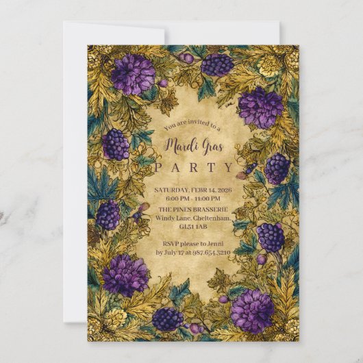 Botanical Grape Mardi Gras Masquerade Kaart (Voorkant)