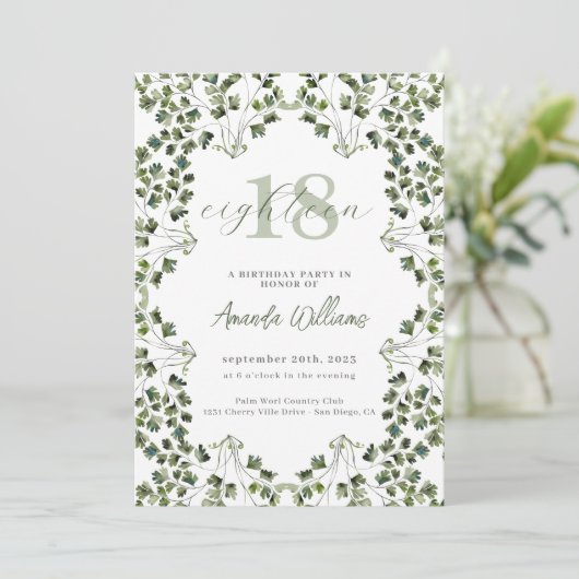 Botanical Green 18e anniversaire Invitation (Debout devant)