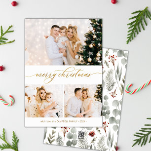 Botanical Green 3 Photo Collage Carte de Noël