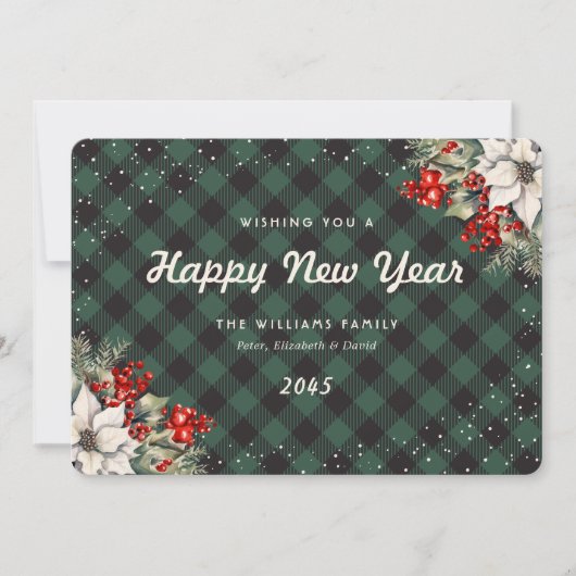 Botanical Green Plaid Snow New Year Card Feestdagenkaart (Voorkant)