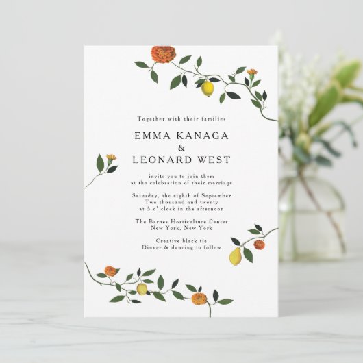 Botanical Greenerife, Lemons, Marigolds Invitation (Debout devant)