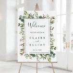 Botanical Greenery Mariage de Noël Affiche de bien<br><div class="desc">Ce panneau d'accueil mariage présente une végétation peinte d'eucalyptus aquarelle,  des feuilles verts,  des baies rouges,  des branches de pin avec un cadre rectangle vert. Pour une personnalisation plus avancée de cette conception,  cliquez sur le lien "Customiser plus loin". Des articles correspondants sont également disponibles.</div>