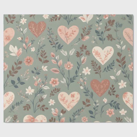 Botanical Hearts Romantic Floral Seamless Pattern  Cadeaupapier (Vlak)