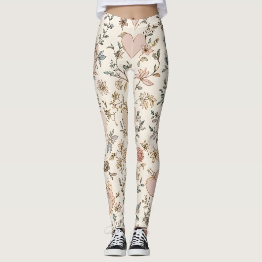 Botanical Hearts Romantic Floral Valentine Pattern Leggings (Voorkant)