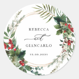 Botanical Holiday Greenery Red Berries Wedding Ronde Sticker