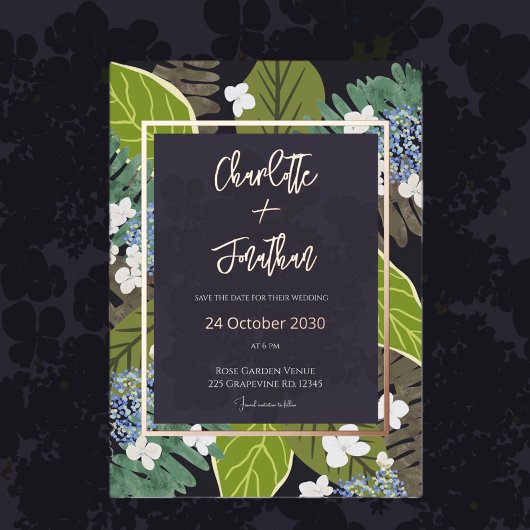 Botanical Leaf and Hydrangea Petals Save The Date Folie Uitnodiging