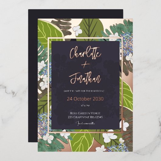 Botanical Leaf and Hydrangea Petals Save The Date Folie Uitnodiging (Voorkant / Achterkant)