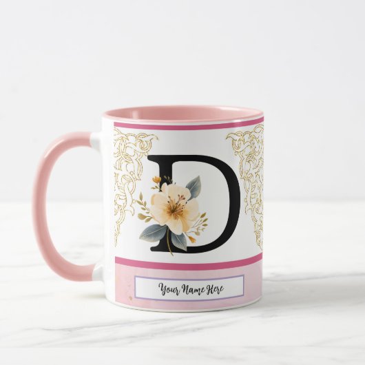 Botanical Letter D Mug – Soft Floral Initial with Mok (Links)