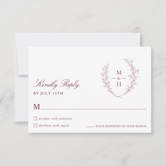 Botanical Monogram Burgundy Script Wedding RSVP (Devant)