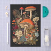 Botanical Mushrooms & Flowers on Black Background Tissuepapier (Craft)