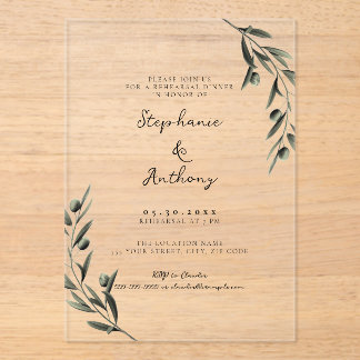 Botanical Olive Branch Italian Rehearsal Dinner Acryl Uitnodigingen