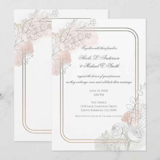 Botanical Outline Sage & Blush Floral Wedding  Kaart (Voorkant / Achterkant)