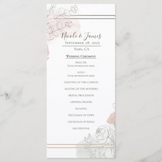 Botanical Outline Sage & Blush Floral Wedding  Menu (Voorkant)