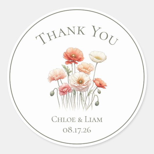 Botanical Poppies Custom Wedding Bedankt Ronde Sticker (Voorkant)