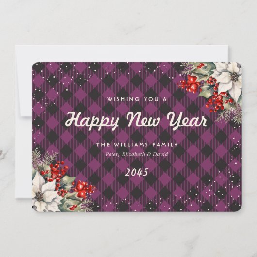 Botanical Purple Plaid Snow New Year Card Feestdagenkaart (Voorkant)