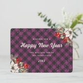 Botanical Purple Plaid Snow New Year Card Feestdagenkaart (Staand voorkant)