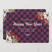 Botanical Purple Plaid Snow New Year Card Feestdagenkaart (Voorkant / Achterkant)