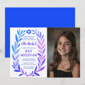 Botanical Watercolor CUSTOM PHOTO Bat Bar Mitzvah Kaart (Voorkant / Achterkant)