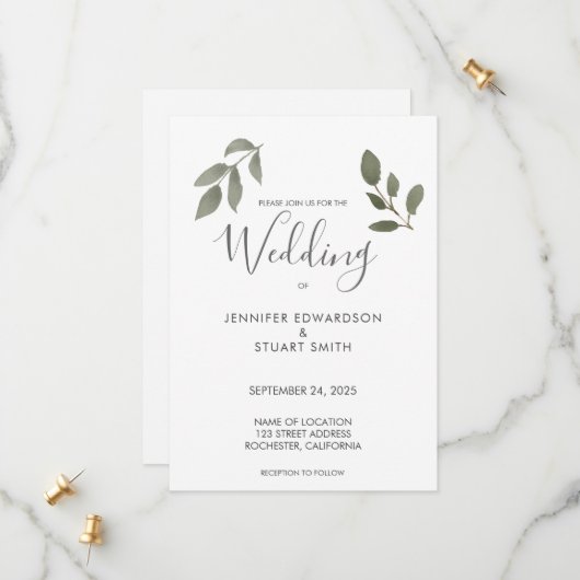 Botanical watercolor leaves wedding invitation (Devant/Arrière en situation)