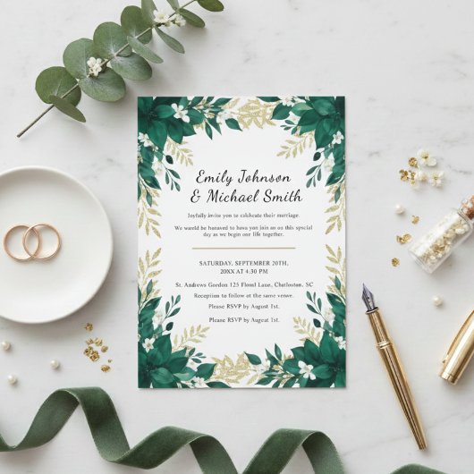 Botanical Wedding Invitation with Green Leaves