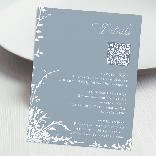 Botanical Wedding QR Code Details Dusty Blue  Informatiekaartje