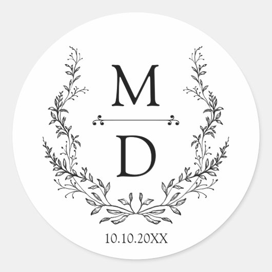 botanical wreath initials monogram wedding elegant ronde sticker (Voorkant)