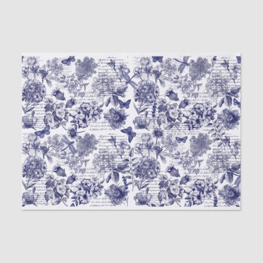 Botanicals in blauw met script decoupage tissuepapier (Voorkant)